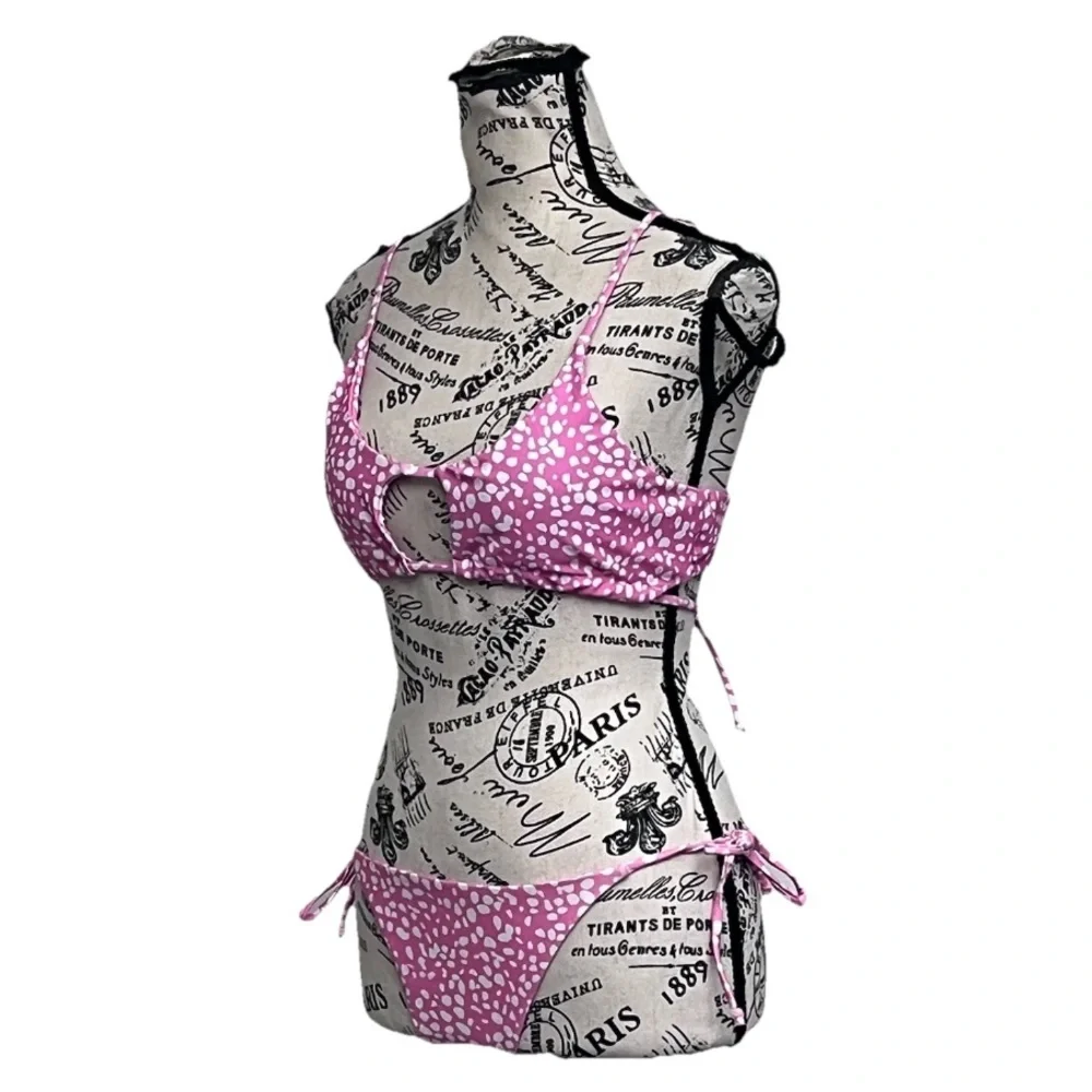 SHEIN Pink Polka Dot Bikini Set Cutout Top XL Tie Side Bottom S Y2K Coquette
